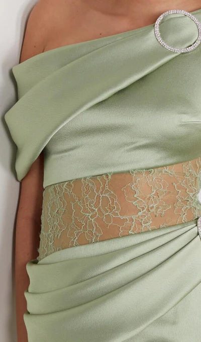 Vestido de fiesta de un solo hombro con encaje y corte en la cintura